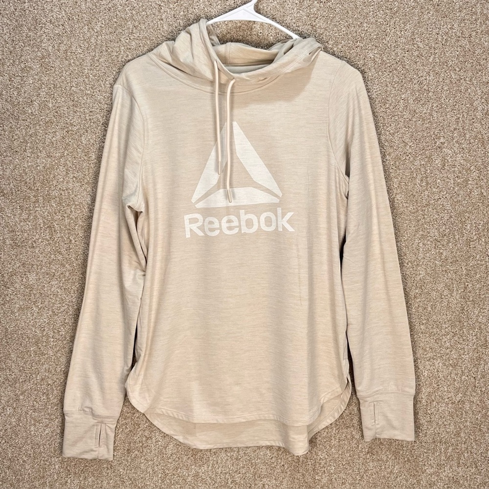 Reebok tan white marbled long sleeve tshirt hooded drawstring thumb holesโ comfy